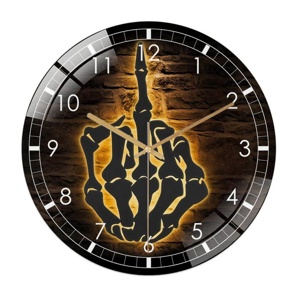 Decorative Clocks: Funny Skeleton Middle Finger Glass Wall Clock– Skeletonv Finger Wall Clock for Home Decor Wedding Gift Decor. Man Cave Hanging Door Housewarming Hall-oween Gift