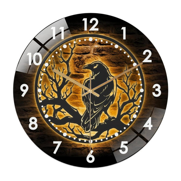 Decor Wall Clock: Raven  Glass Wall Clock– Crow Moon  Decor Wall Clock for   Home Decor Black Horror Bird Decoration Man Cave Hanging Door Housewarming Hallo-ween Gift Style 12×12inch(30×30cm)