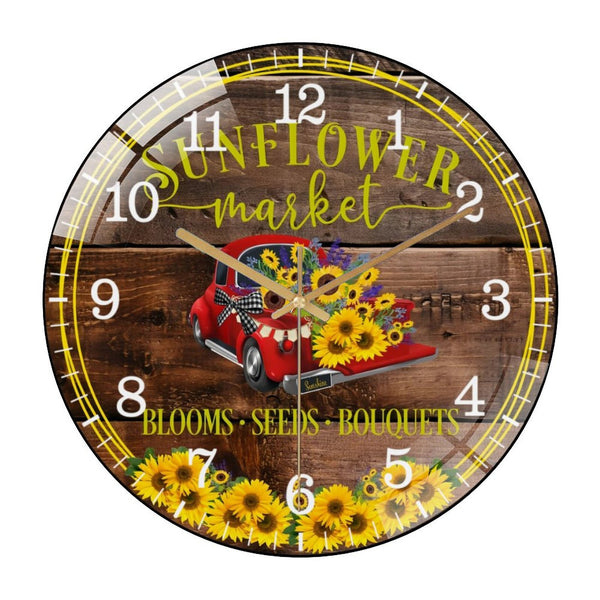 Decor Wall Clocks: Sunflower Market Glass Wall Clock, Red Truck Glass Wall Clock, Fall Decor Wall Clock for Homes, Bars, Offices, Man Caves, Garages, And Living Rooms. Also Makes A Great Gift.