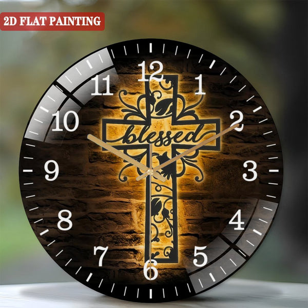 Decor Wall Clocks: Blessed Cross Glass Wall Clocks,Christ Glass Wall Clocks,Home Decor God Faith Cross Decoration Religious Lord Housewarming Christmas Birthday Gift Style 12×12inch(30×30cm)