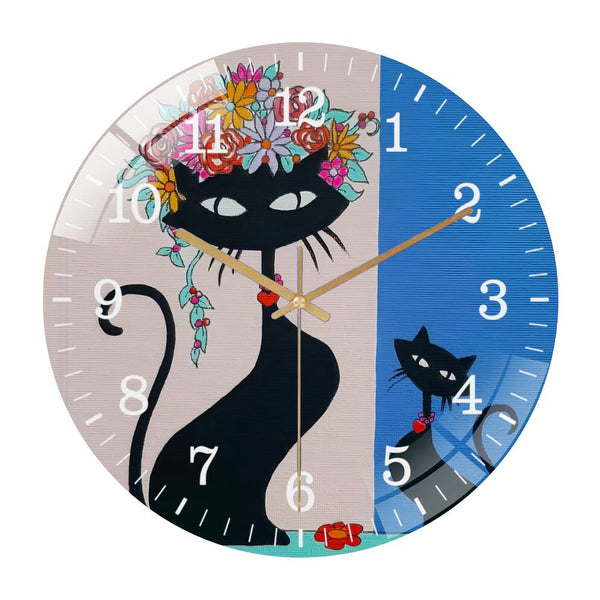 Decor Wall Clocks: Mid Century Black Cats with Flower Hat, Cat Art Glass Wall Clock, Black Cats  Wall Clock, Art for Cat Lovers Decor Wall Clock for Homes, Bars, Offices, Man Caves, Garages,