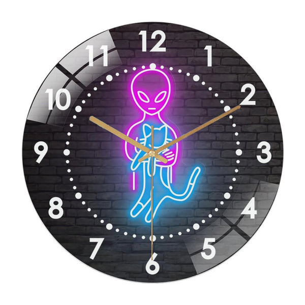 Decor Wall Clock: Ali-en And Lazy Cat Glass Wall Clock,  Kawaii  Cat Decor Wall Clock for Homes, Bars, Offices, Man Caves, Garages, And Living Rooms .Also Makes A Great Gift.Home Bar Wall Art,