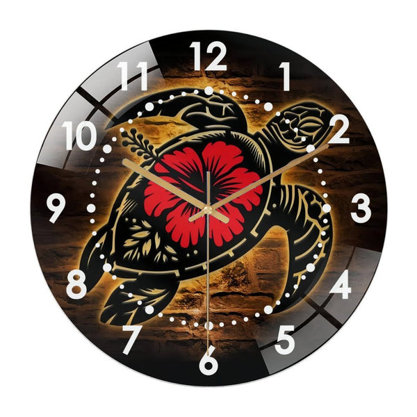 Decor Wall Clocks: Mandala Sea Turtle Hibiscus Glass Wall Clock,Home Decor Hawaiian Turtle Decoration  Wall Clock, for Homes, Bars, Offices, Man Caves, Garages, And Living Rooms.