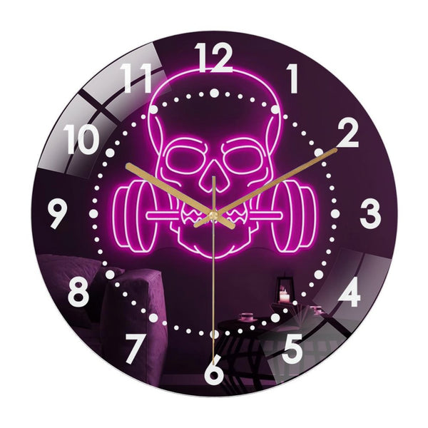 Decor Wall Clock: Skull with Dumbbell Glass Wall Clock,Skull with Dumbbells Gym Wall  Decor Wall Clock for Home Decor  Hallo-ween Gh-ost Boo Haunted House Party Wall Art.homes, Bars, Offices