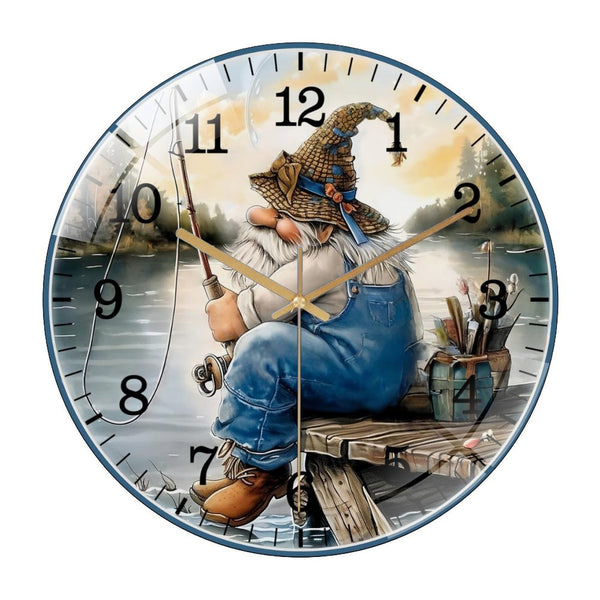 Decor Wall Clock: Fishing Gnome Glass Wall Clock,Summer Gnome  Decor Wall Clock  for Homes, Bars, Offices, Man Caves, Garages, And Living Rooms .Also Makes A Great Gift.