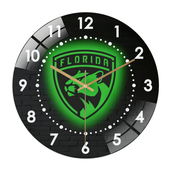 Decorative Clocks: Florida- Panthers Glass Wall Clockr – Modern N H L Team Wall Art Glass Wall Clock, Hockey Fan Gift, Game Room Or Sports Bar Metal Wall Accent Style 12×12inch(30×30cm)