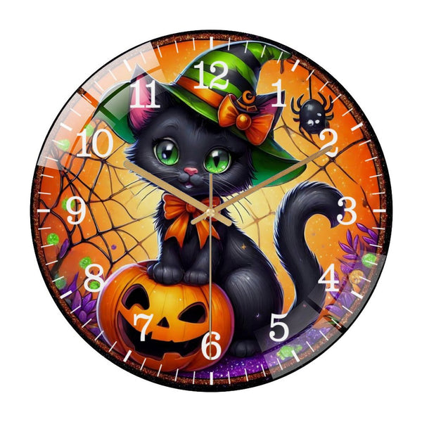 Decor Wall Clocks: Black Cat Nd Spider Wreath Glass Wall Clock, Cat Witch Wall Clock for Homes, Bars, Offices, Man Caves, Garages, And Living Rooms. Also Makes A Great Gift. Style 12×12inch(30×30cm)