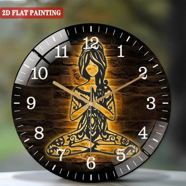 Decor Wall Clocks: Yoga Girl In Hippie Style Glass Wall Clocks, Mandala Namaste Glass Wall Clocks, Home Decor Yoga Room Decoration Hanging Door Christmas Birthday. Style 12×12inch(30×30cm)