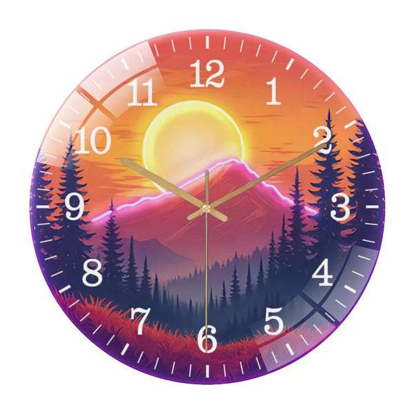 Decor Wall Clocks: Mountain Sunset  Glass Wall Clocks, Sunset  Wall Clock for Homes, Bars, Offices, Man Caves, Garages, And Living Rooms. for Gift Home Wall Decor. Style 12×12inch(30×30cm)