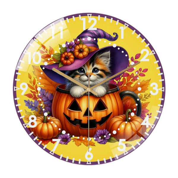 Decor Wall Clock: Halloween- Kitten  Glass Wall Clock, Whimsical Pumpkin Cat Decor Wall Clock  for Homes, Bars, Offices, Man Caves, Garages, And Living Rooms .Also Makes A Great Gift.