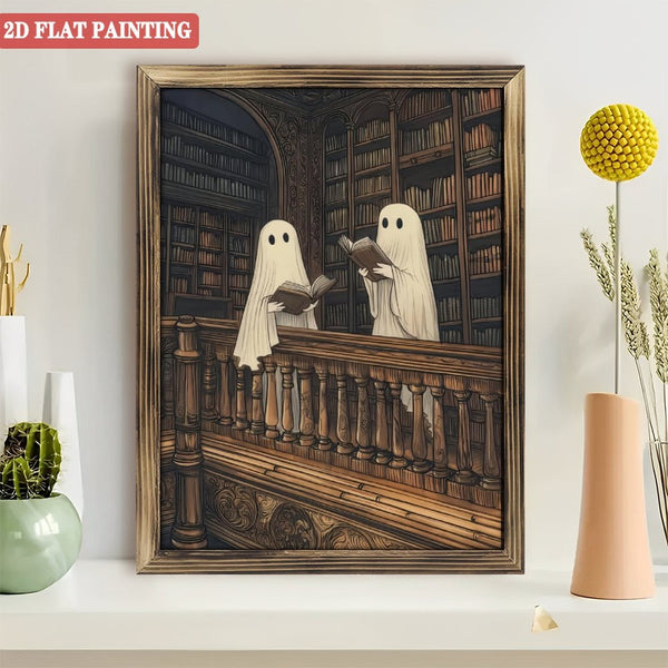 Room Decor Art Prints: Two Cute Ghosts in A Library Wood Art Prints， Romantic Dark Academia, Moody Cottagecore Spooky Decor Vintage Wood Art Prints, Gothic Painting, Reading Ghost Wood Art Prints