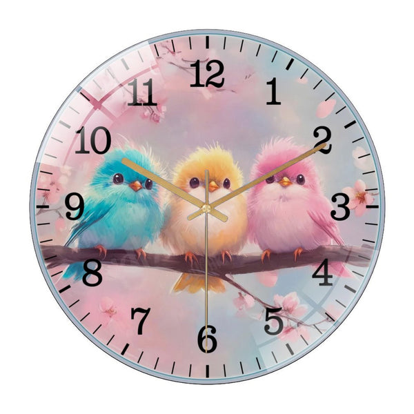 Decor Wall Clock: Three Cute Birds on A Branch Glass Wall Clock,  Colorful Birds Wall Clock  for Homes, Bars, Offices, Man Caves, Garages, And Living Rooms .Also Makes A Great Gift.
