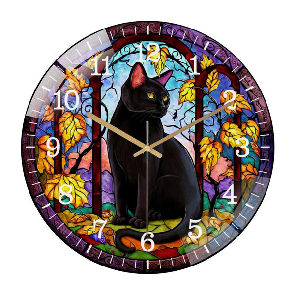 Decor Wall Clocks: Faux Stained Glass Black Cat Wreath Glass Wall Clock for Homes, Bars, Offices, Man Caves, Garages, And Living Rooms. Also Makes A Great Gift. Style 12×12inch(30×30cm)
