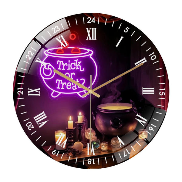 Decor Wall Clocks: Trick Or Treat Glass Wall Clock,Halloween Witch Cauldron Decor  Wall Clock, for Homes, Bars, Offices, Man Caves, Garages, And Living Rooms. Hallo-ween Gift .Also Makes A Grea.