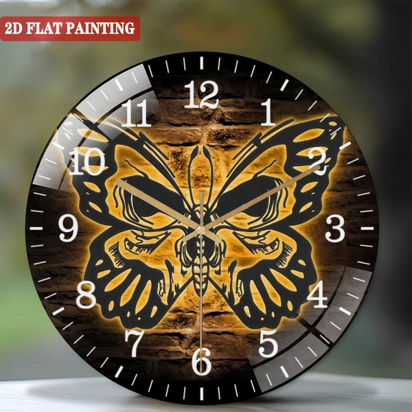 Decor Wall Clocks: Butterfly Skull Glass Wall Clocks,  Emo Goth Butterfly Glass Wall Clocks,Home Decor Skeleton Butterfly Moth Halloween Decoration Style 12×12inch(30×30cm)