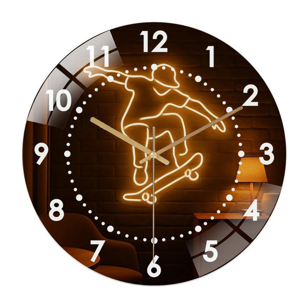 Decor Wall Clock: Skateboarder Jump Glass Wall Clock, Sports Decor Wall Clock for Homes, Urban Sports Wall Light for Teen Room, Skate Shop, Or Extreme Sports Decor .