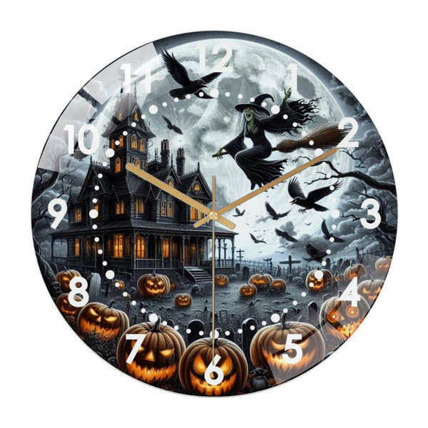 Decor Wall Clock: Haunted House with Witch Halloween- Glass Wall Clock,Halloween- Decor Wall Clock  for Homes, Bars, Offices, Man Caves, Garages, And Living Rooms .Also Makes A Great Gift.