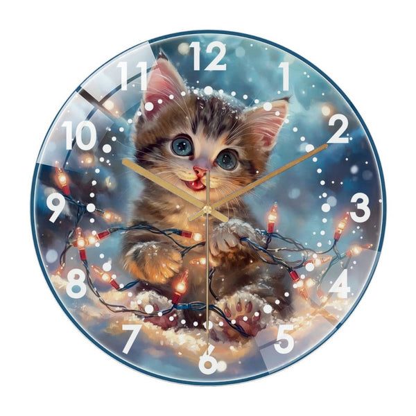 Decor Wall Clock: Kitten Tangled in Christmas String Lights Glass Wall Clock,  Cute Kitten Christmas Wall Clock  for Homes, Bars, Offices, Man Caves, Garages, And Living Rooms .Also Makes A Great Gift