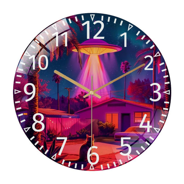 Decor Wall Clock: Vintage Neon  Cat And UFO Glass Wall Clock, Retro-Futuristic Home Decor And Gift Wall Clock for Homes, Bars, Offices, Man Caves, Garages, And Living Rooms .Also Makes A Great Gift.