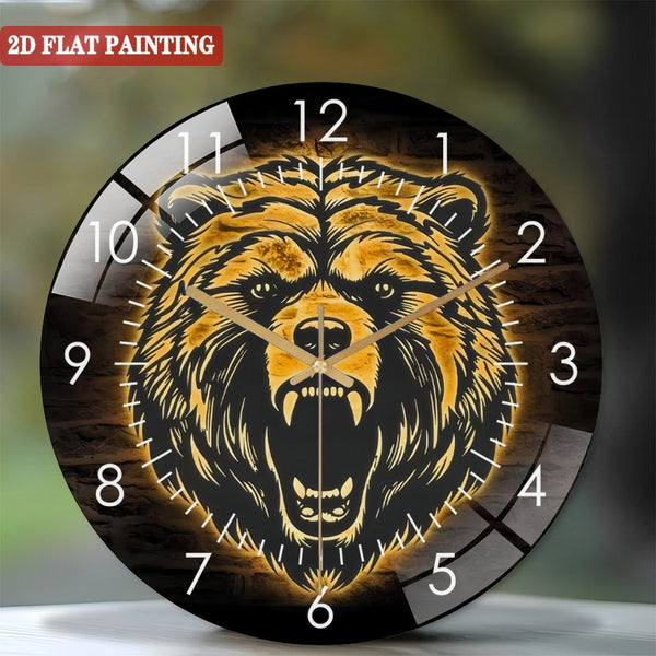 Decorative Clocks: Grizzly Bear Glass Wall Clock,Angry Bear Glass Wall Clock,Home Decor Bear Roar Wild Animal Decoration Housewarming Christmas Birthday Gift. Style 12×12inch(30×30cm)