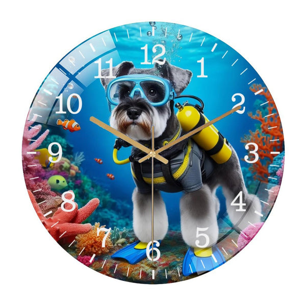 Decor Wall Clocks: Schnauzer Scuba Diving Glass Wall Clock ,Dog Lover  Wall Clock  for Homes, Bars, Offices, Man Caves, Garages, And Living Rooms. .Also Makes A Great Gift ,