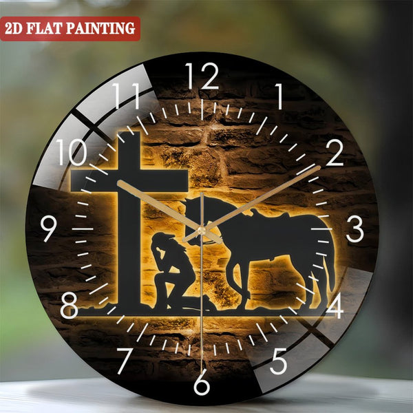 Decorative Clocks: Cowgirl Kneeling At Cross Glass Wall Clock,Praying Cowgirl Glass Wall Clock, Home Decor Christian Decoration Memorial Cross Style 12×12inch(30×30cm)