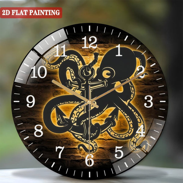 Decor Wall Clocks: Octopus And Anchor Glass Wall Clocks，Octopus Lover Glass Wall Clocks，Home Decor Kid Boy Girl Nursery Decoration Housewarming Birthday Xmas Gift Style 12×12inch(30×30cm)