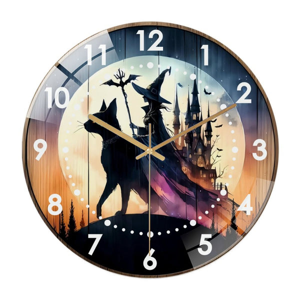 Decor Wall Clock: Halloween- Black Cat Witch  Glass Wall Clock,Haunted House Decor Wall Clock  for Homes, Bars, Offices, Man Caves, Garages, And Living Rooms .Also Makes A Great Gift.