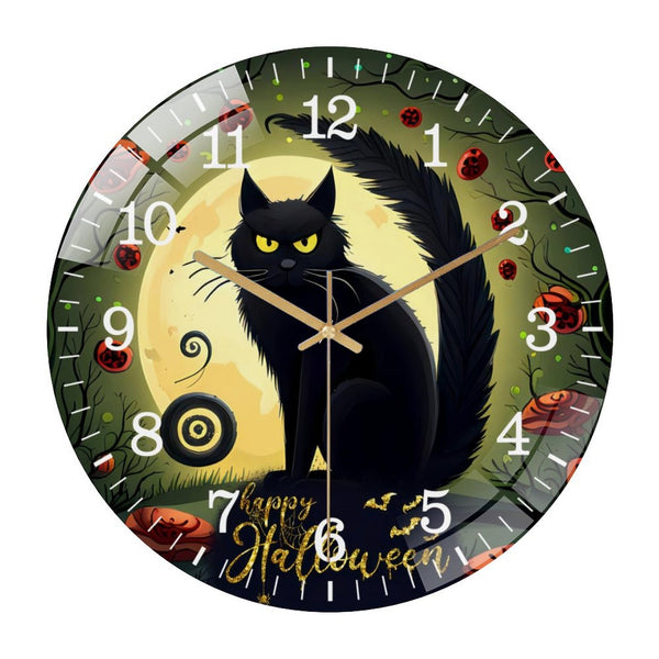 Decor Wall Clocks: Happy Hallo-ween Cat  Glass Wall Clock for Homes, Bars, Offices, Man Caves, Garages, And Living Rooms. Also Makes A Great Gift. Style 12×12inch(30×30cm)