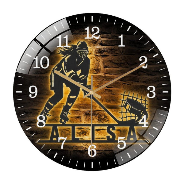 Decor Wall Clocks: Woman Ice Hockey Player  Glass Wall Clock,  Female Hockey Wall Clock ， Home Decor Kid Nursery Decoration Christmas Style 12×12inch(30×30cm)