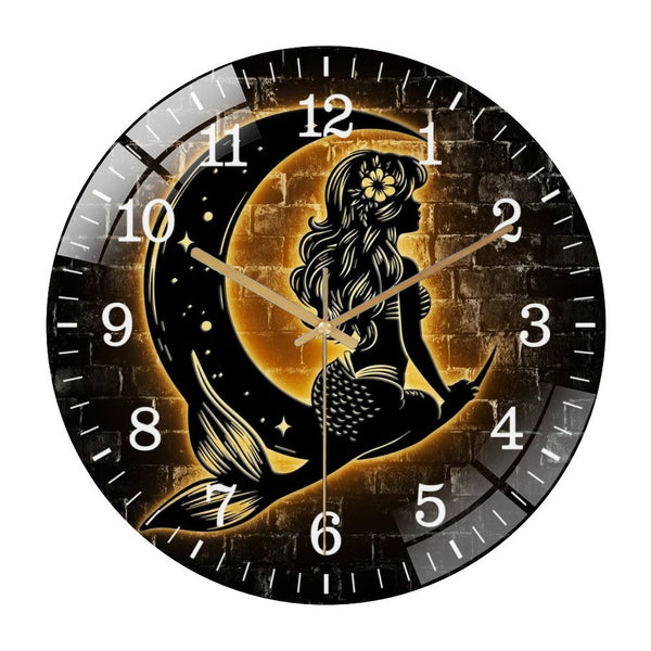 Decor Wall Clocks: Little Mermai D On The Moon Glass Wall Clock Wall Art, Cute Mermaid Nursery Decoration Gifts, Housewarming Gifts, Christmas Gifts Style 12×12inch