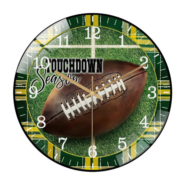 Decor Wall Clocks: Yellow - Green - Football Glass Wall Clock,  Fall  Football Wall Clock  for Homes, Bars, Offices, Man Caves, Garages, And Living Rooms .Also Makes A Great Gift.