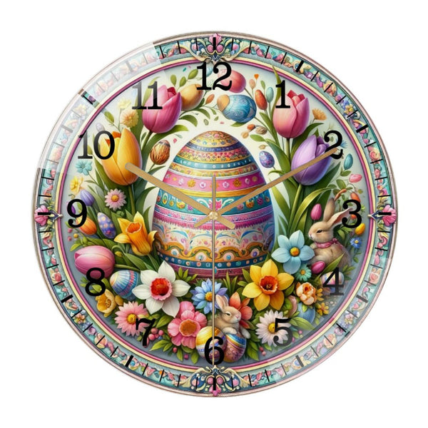 Decor Wall Clock: Easter Egg- with Flowers Glass Wall Clock, Spring  Easter Egg  Decor Wall Clock  for Homes, Bars, Offices, Man Caves, Garages, And Living Rooms .Also Makes A Great Gift.