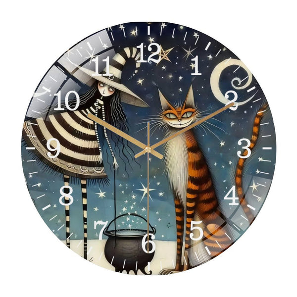 Decor Wall Clock: Witch And Cat  Glass Wall Clock, Spooky Wall Decor Halloween- Decor Wall Clock  for Homes, Bars, Offices, Man Caves, Garages, And Living Rooms .Also Makes A Great Gift.