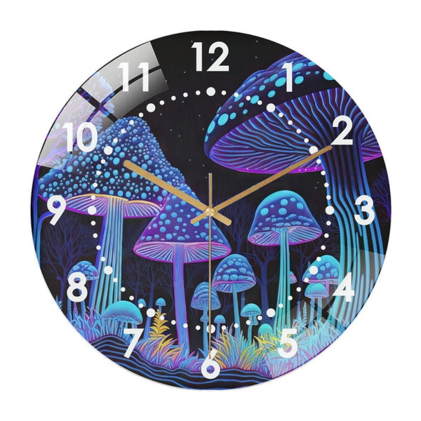 Decor Clocks： Home Trippy- Purple Mushroom Forest Blacklight- Style Glass Wall Clock, Neon Style Art Print Wall Clock for Homes, Bars, Offices, Man Caves, Garages, And Living Rooms .