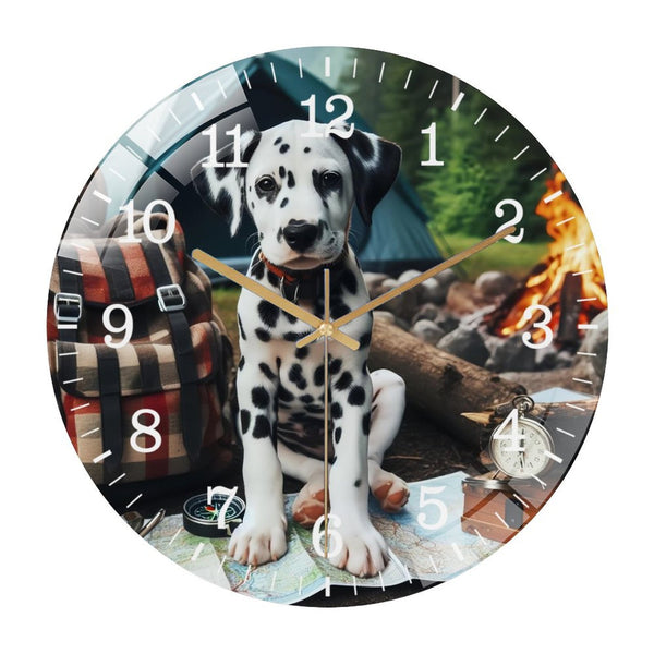 Decor Wall Clocks: Dalmatian Camping Dog  Glass Wall Clock ,Nature Dog Lover  Wall Clock  for Homes, Bars, Offices, Man Caves, Garages, And Living Rooms. .Also Makes A Great Gift.