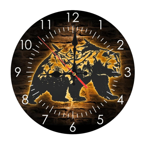 Round Wooden Wall Clock 25*25CM 1-8 Mountain Bear Glass Wall Clock， Bear And Forest Glass Wall Clock，Home Decor Trees Grizzly Bear WildLife Decoration Christmas Housewarming Gift  10×10inch(25×25cm)