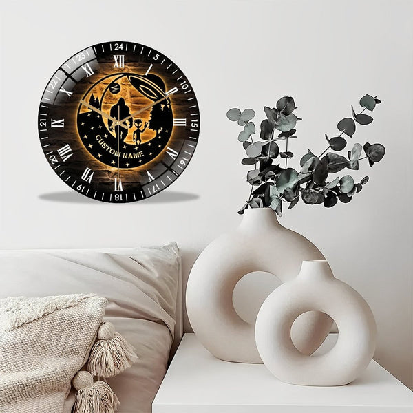 Decor Wall Clocks: Bigfoot Ailen UFO Metal Wall Art Glass Wall Clock,Sasquatch Glass Wall Clock, Home Decor Big Foot Kids Nursery Decoration Xmas Birthday Style 12×12inch(30×30cm)
