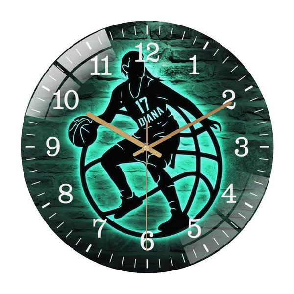 Decor Wall Clocks: Female Basketball Glass Wall Clock,  Girl Player Lover  Wall Clock，Basketball Wall Art,Basketball Sports Wall Decor,Kid Room Decor Style 12×12inch(30×30cm)