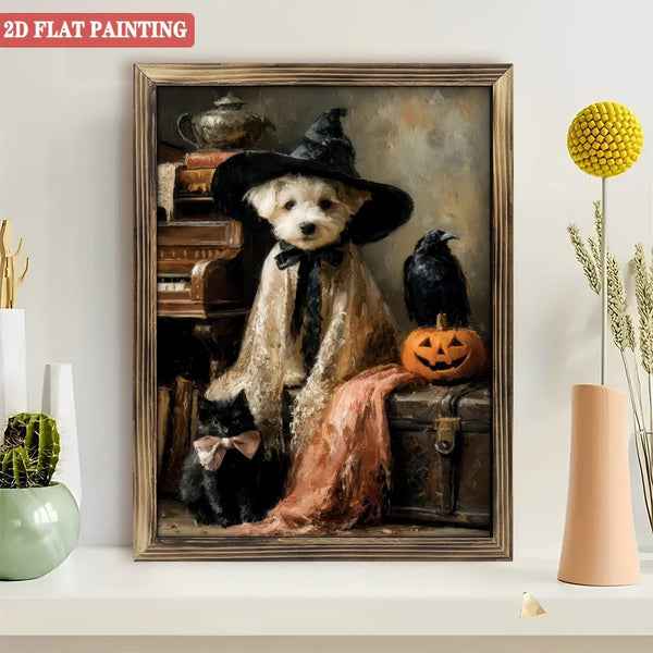 Room Decor Art Prints: Funny Halloween Pet Wood  Art Prints, Vintage Oil Painting with West Highland Terrier, Black Cat, Raven Crow, Witch Hat, Rustic Spooky Wood  Art Prints Decor
