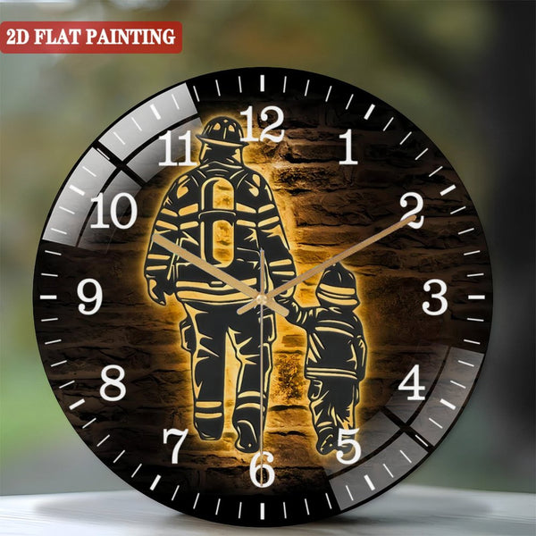 Decor Wall Clocks: Father Son Firefighter Glass Wall Clocks，Fireman Glass Wall Clocks，Home Decor Fire Department Nursery Decoration Birthday Christmas for Homes, Bars, Offices, Man Caves, Garages