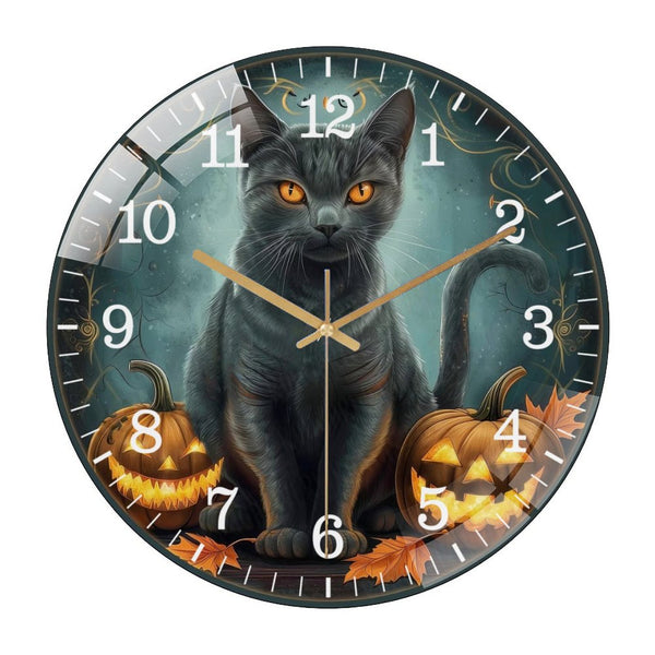 Decor Wall Clocks: Black Cat Wreath Glass Wall Clock, Hallo-ween Wreath  Wall Clock for Homes, Bars, Offices, Man Caves, Garages, And Living Rooms. Also Makes A Great Gift Style 12×12inch
