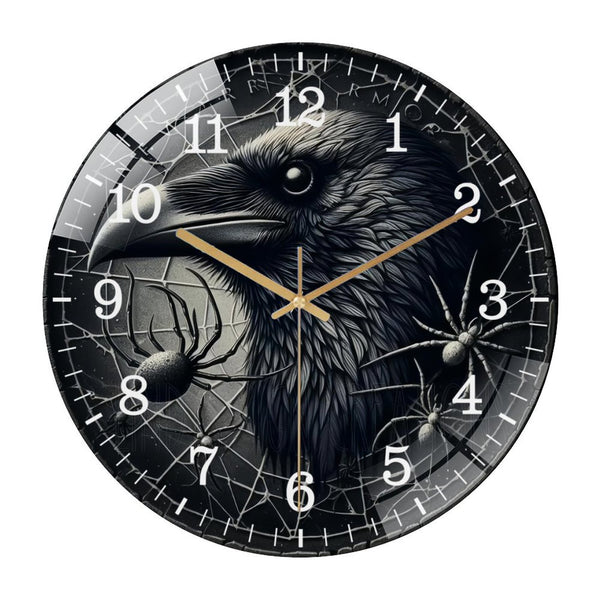 Decor Wall Clocks: Raven Head And Spiders Hallo-ween Glass Wall Clock,  Fall Decor Wall Clock  for Homes, Bars, Offices, Man Caves, Garages, And Living Rooms. Hallo-ween Gift Style 12×12inch(30×30cm)