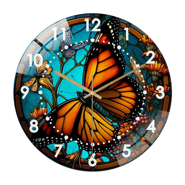 Decor Wall Clock: Round Faux Stained Glass Butterfly With Teal Background Glass Wall Clock,Sugar Pepper Decor Wall Clock  for Homes, Bars, Offices, Man Caves, Garages, And Living Rooms .