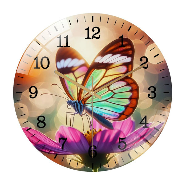 Decor Wall Clocks: Springtime Butterfly on Flower Glass Wall Clock ,Flower Home Decor  Wall Clock.Gift for Her for Homes, Bars, Offices, Man Caves, Garages, And Living Rooms. for Your Home Or Gift