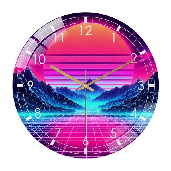 Deco Wall Clock ： Neon Vaporwave Sunset Glass Wall Art  Glass Wall Clock ,  Retro 80s Synthwave Wall Art  Wall Clock for Housewarming Or Meditation Gift ,Abstract Futuristic Tempered Glass Wall Art