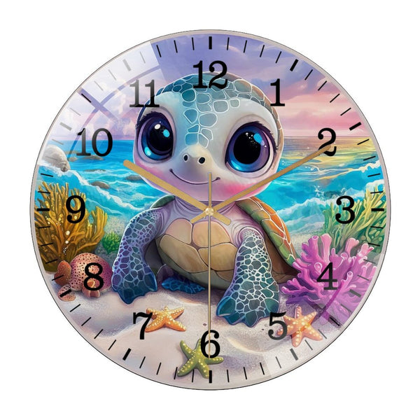 Decor Wall Clocks: Colorful Turtle Baby Turtle  Glass Wall Clock for Homes, Bars, Offices, Man Caves, Garages, And Living Rooms. Also Makes A Great Gift. Style 12×12inch(30×30cm)
