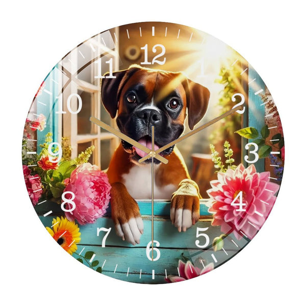 Decor Wall Clocks: Boxer in Window Dog Glass Wall Clock ,Dog Lover  Wall Clock  for Homes, Bars, Offices, Man Caves, Garages, And Living Rooms. .Also Makes A Great Gift. Style 12×12inch(30×30cm)