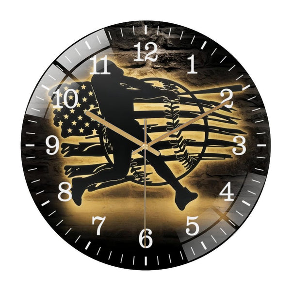 Decor Wall Clocks: Man Baseball US Flag  Glass Wall Clock, American Softball Player Wall Clock，Birthday Gift Dorm Decoration Gift For  Sport Lover Gift Style 12×12inch