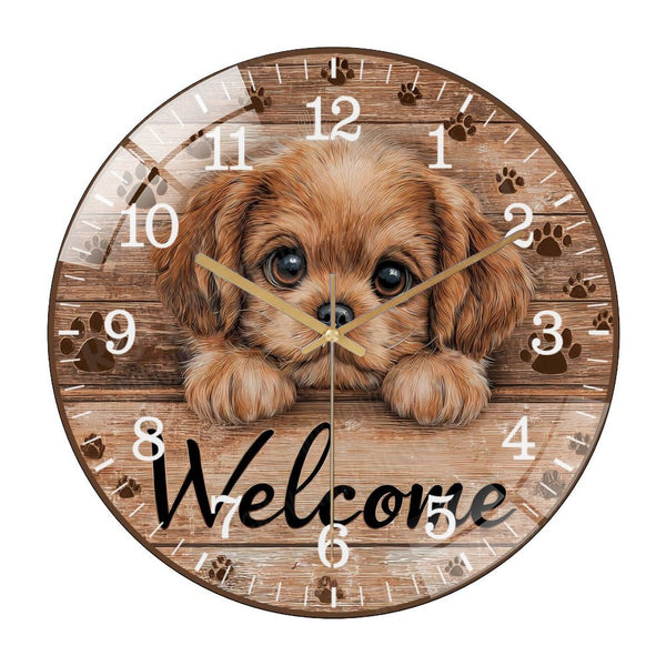 Decor Wall Clocks: Puppy Welcome Glass Wall Clock , Cute Puppy Wreath Wall Clockfor Homes, Bars, Offices, Man Caves, Garages, And Living Rooms. Also Makes A Great Gift. Style 12×12inch(30×30cm)